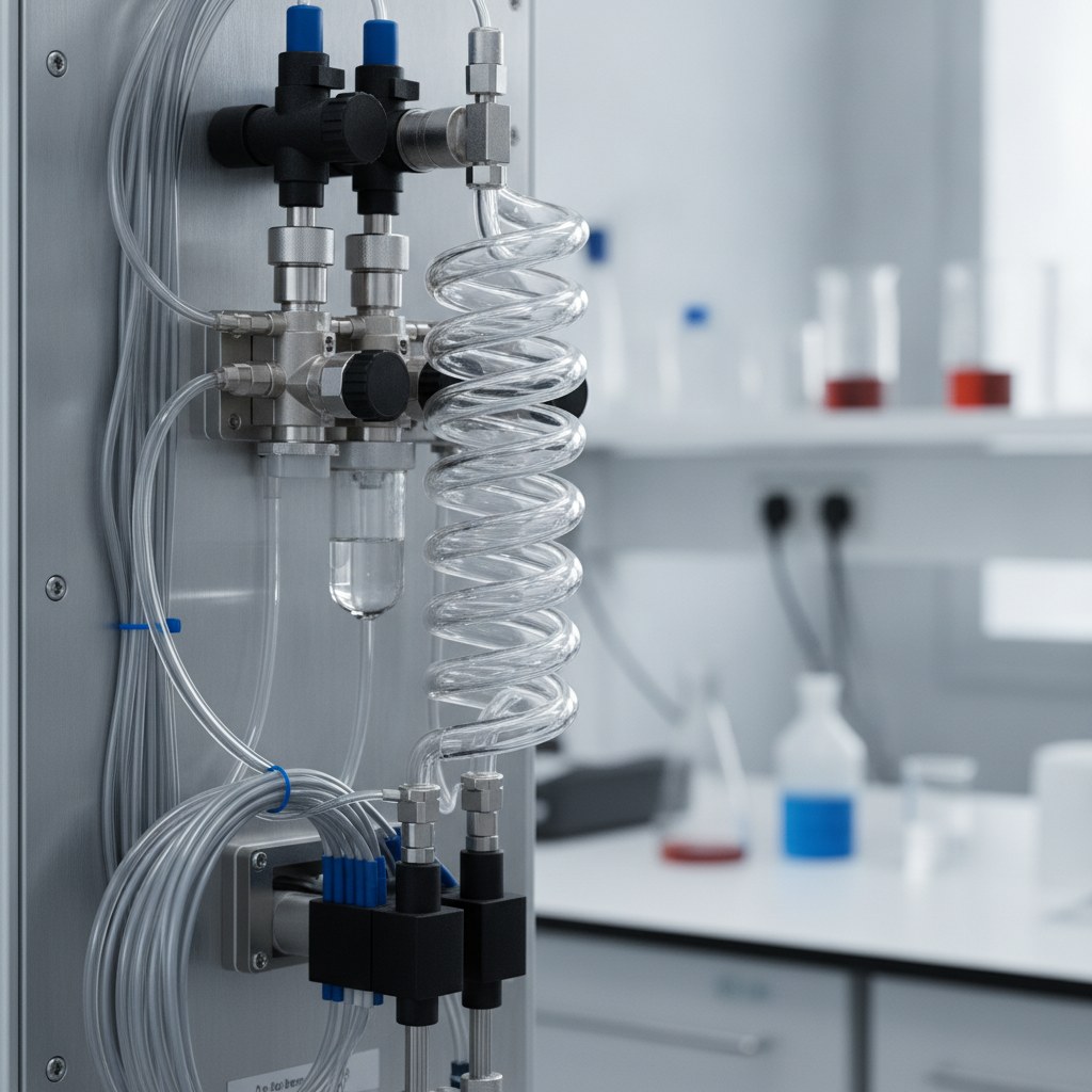 Photorealistic industrial website image for high purity pfa tubing: transparent PFA tubing routed through an analytical sampling instrument fluid path, no labels, no text, no logo, no watermark
