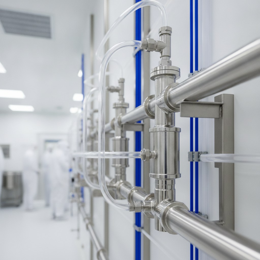 Photorealistic industrial website image for high purity pfa tubing: transparent PFA tubing connected to a clean high purity chemical delivery system, no labels, no text, no logo, no watermark