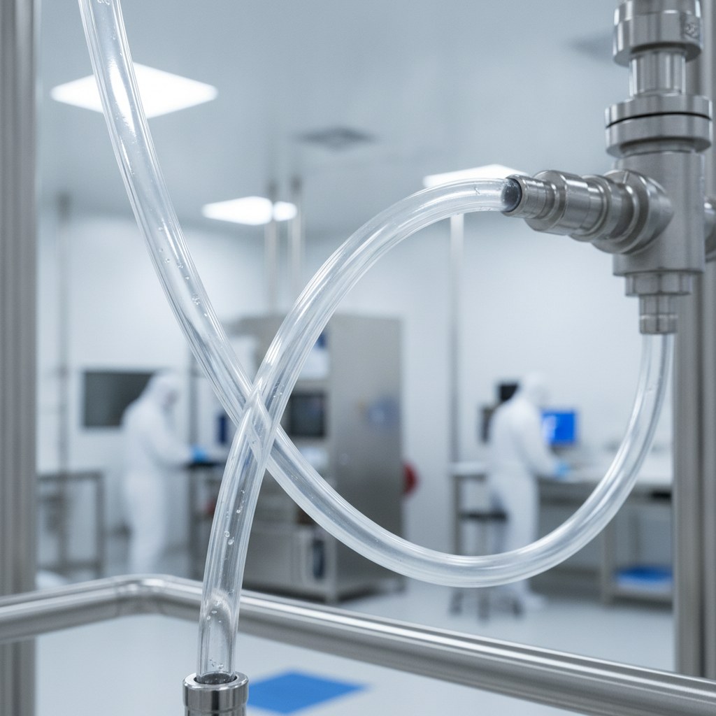 Photorealistic industrial website image for high purity pfa tubing: transparent PFA tubing used for clean pharmaceutical and laboratory fluid transfer, no labels, no text, no logo, no watermark