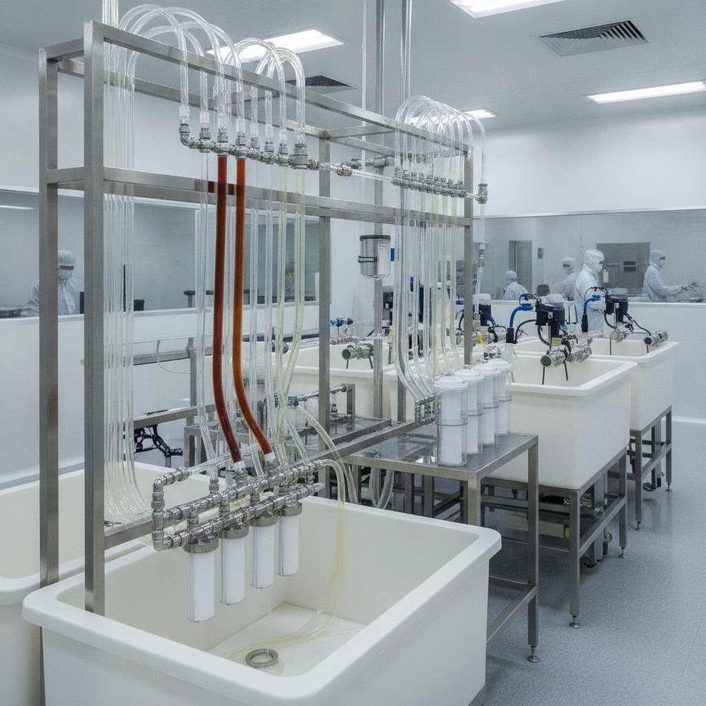 Photorealistic industrial website image for high purity pfa tubing: transparent PFA tubing in a semiconductor wet process chemical area, no text, no logo, no watermark