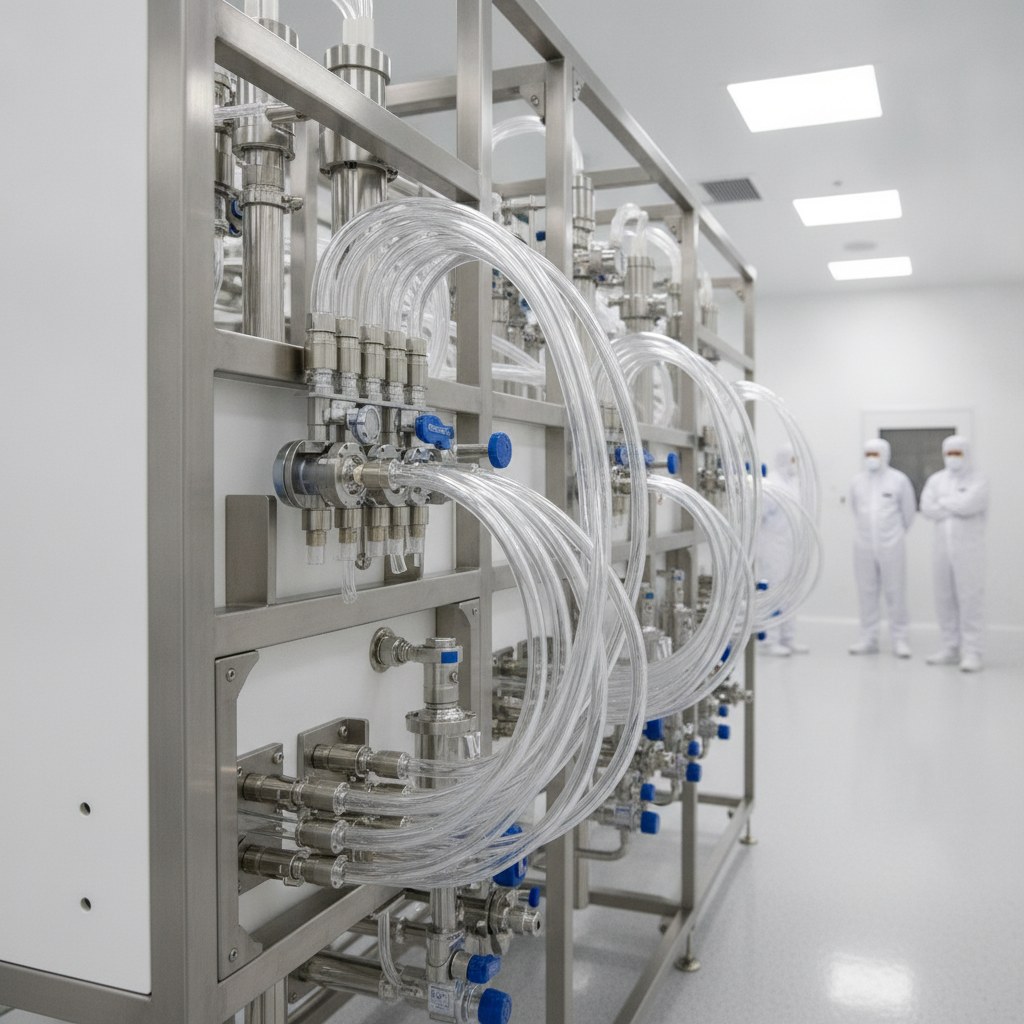 Photorealistic industrial website image for high purity pfa tubing: transparent PFA tubing routed in a high purity chemical delivery skid inside a clean process room, no text, no logo, no watermark