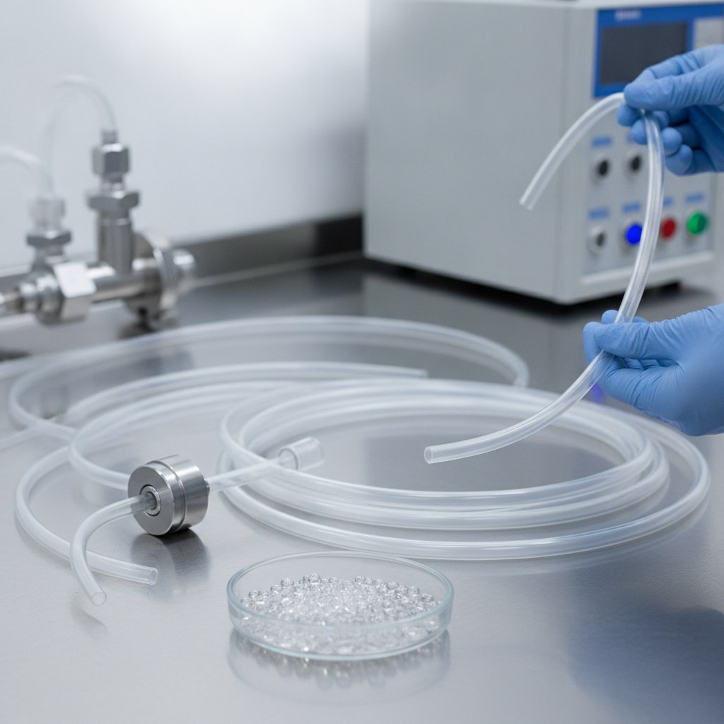Photorealistic industrial website image for high purity pfa tubing: transparent PFA resin and tubing samples reviewed on a clean engineering bench, no documents, no text, no logo, no watermark