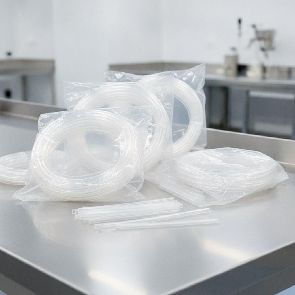 Photorealistic industrial website image for high purity pfa tubing: cut to length transparent PFA tubing coils and segments in plain clean unmarked bags, no labels, no papers, no text, no logo, no watermark