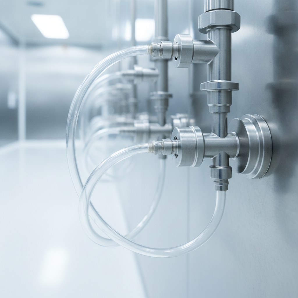 Photorealistic industrial website image for high purity pfa tubing: high purity transparent PFA fluid lines connected to clean stainless fittings, no labels, no text, no logo, no watermark