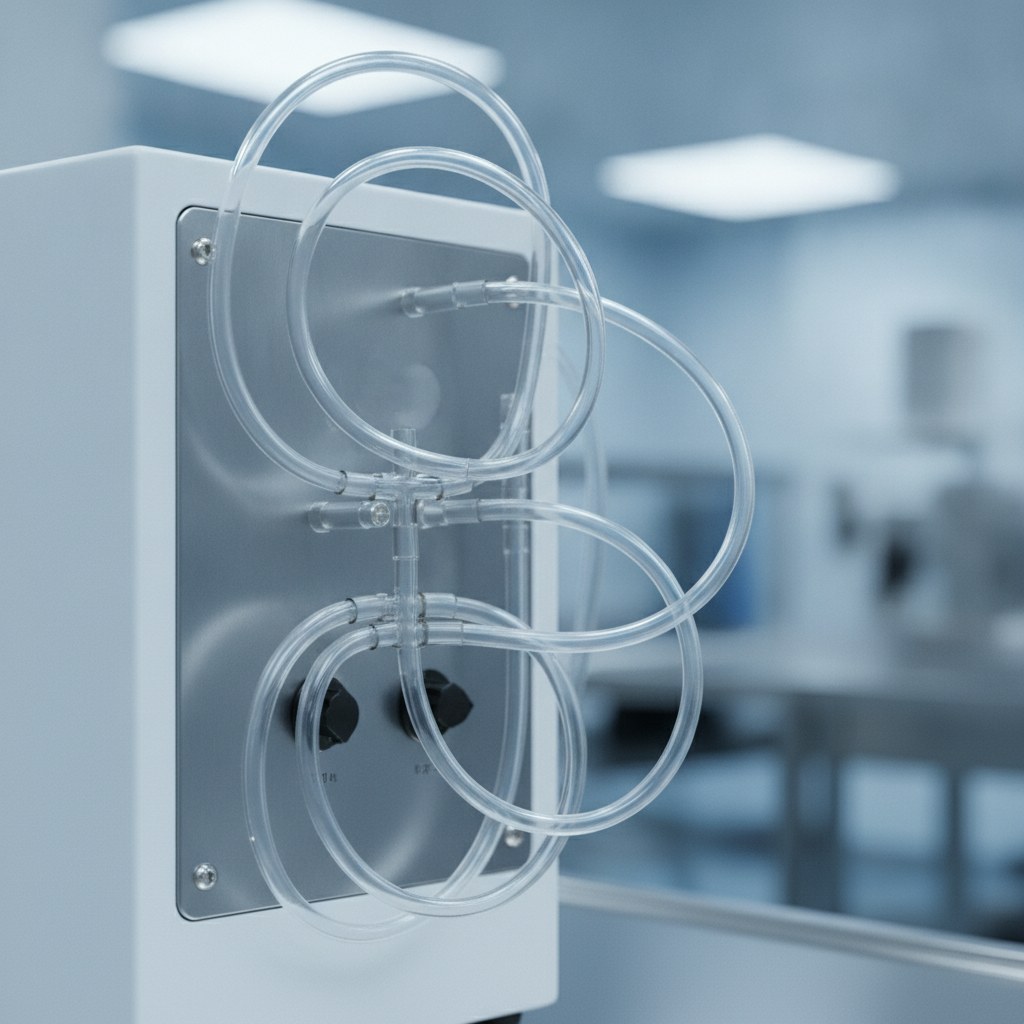 Photorealistic industrial website image for high purity pfa tubing: thin wall transparent PFA tubing routed through compact clean equipment, no labels, no text, no logo, no watermark