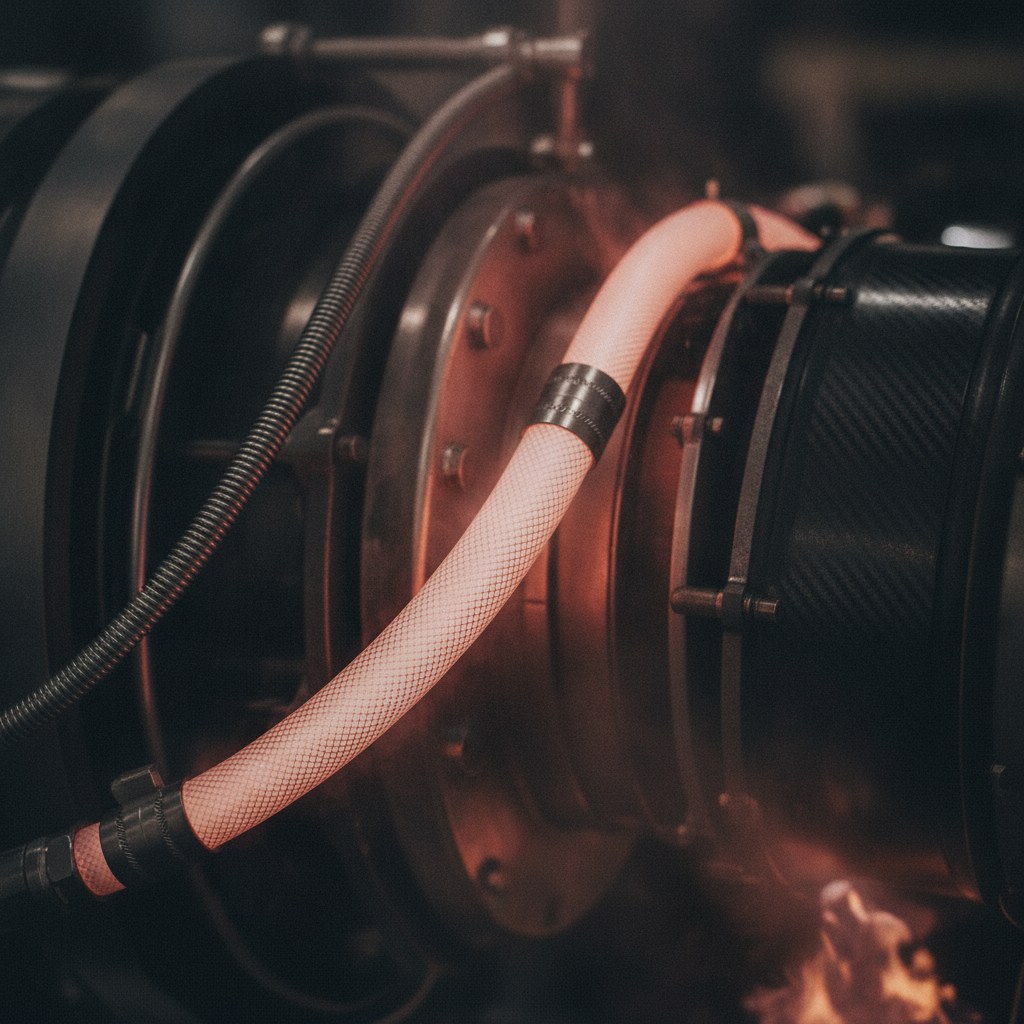 Real industrial website photography of PTFE tubing used near aerospace heat exposed components, no text, no logos, no watermark