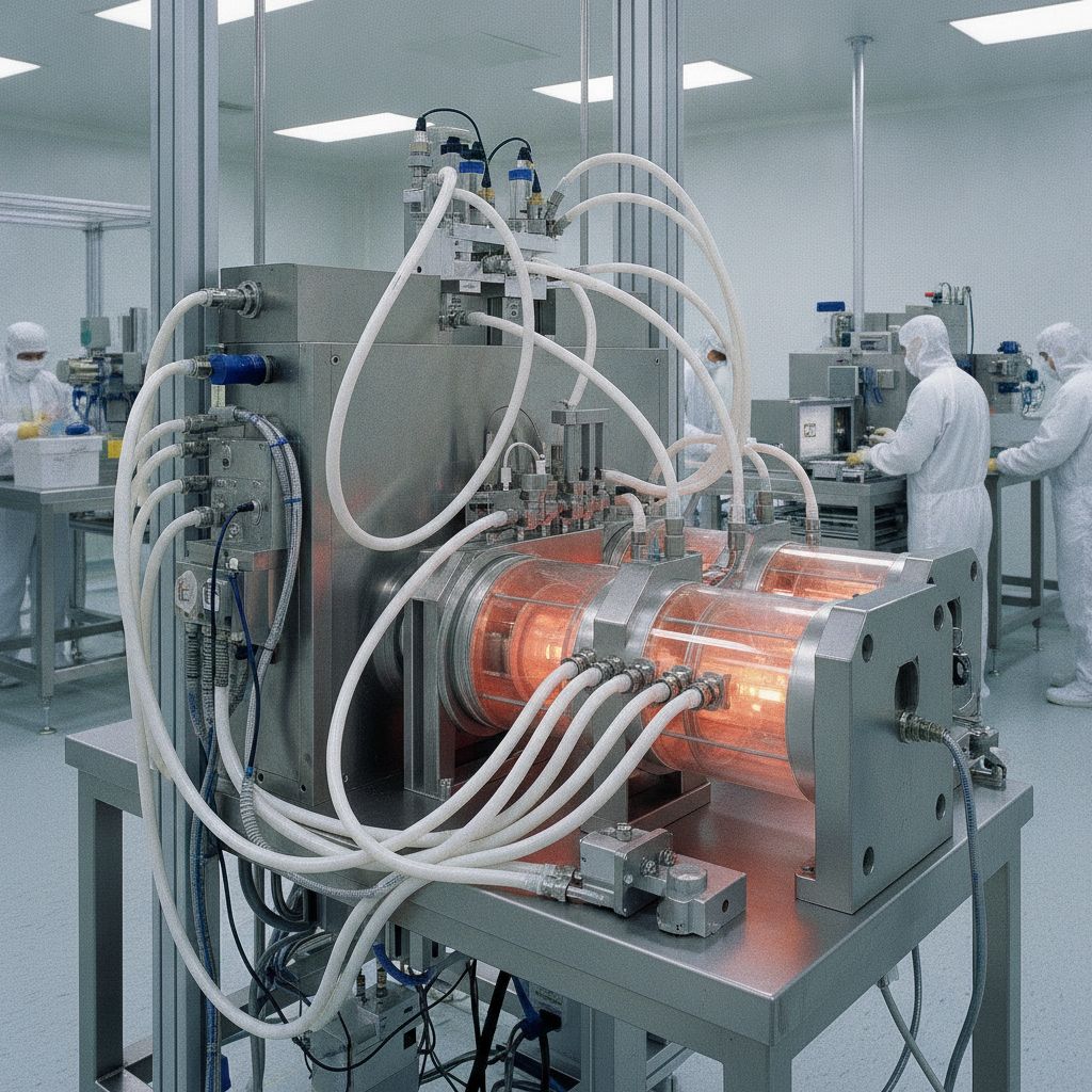 Real industrial website photography of high temperature PTFE tubing in semiconductor thermal process equipment, no text, no logos, no watermark