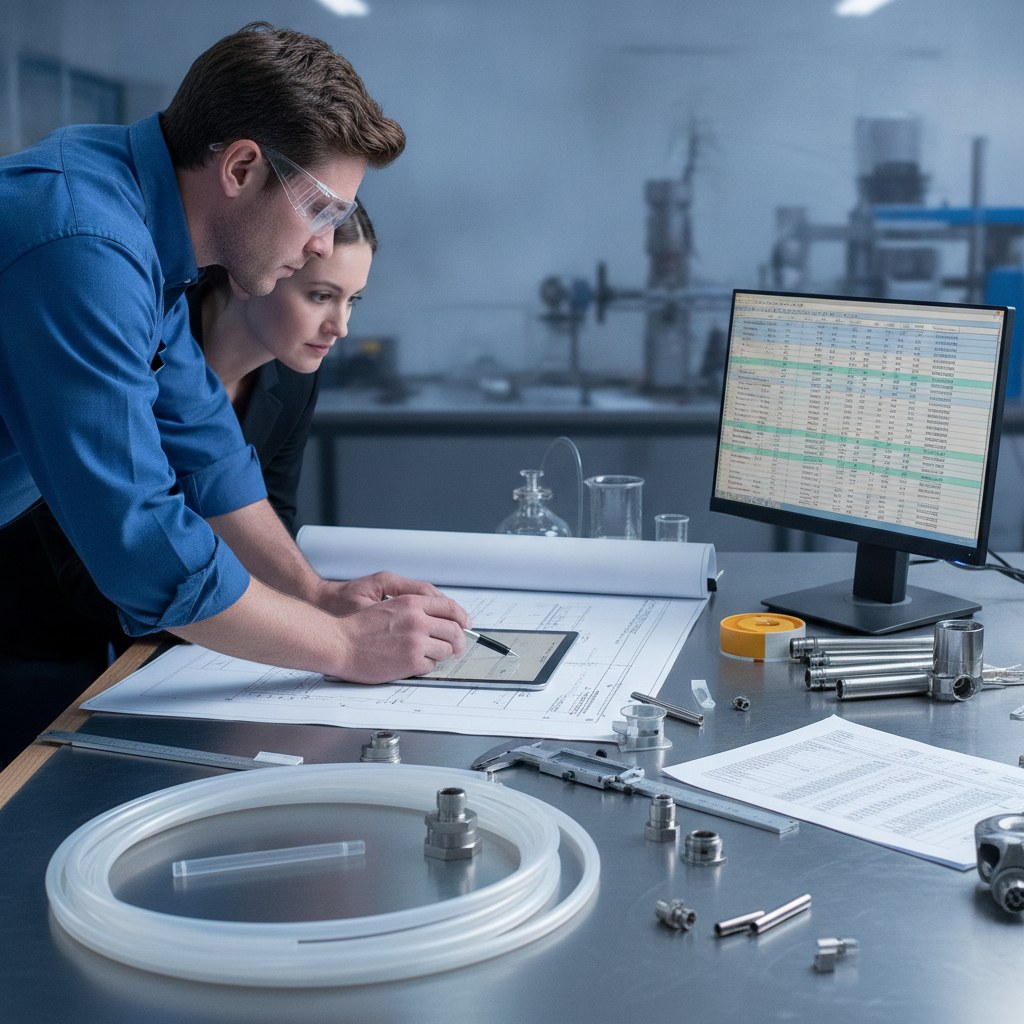 Real industrial website photography of PTFE tubing dimension and temperature condition review with clean samples, no text, no logos, no watermark