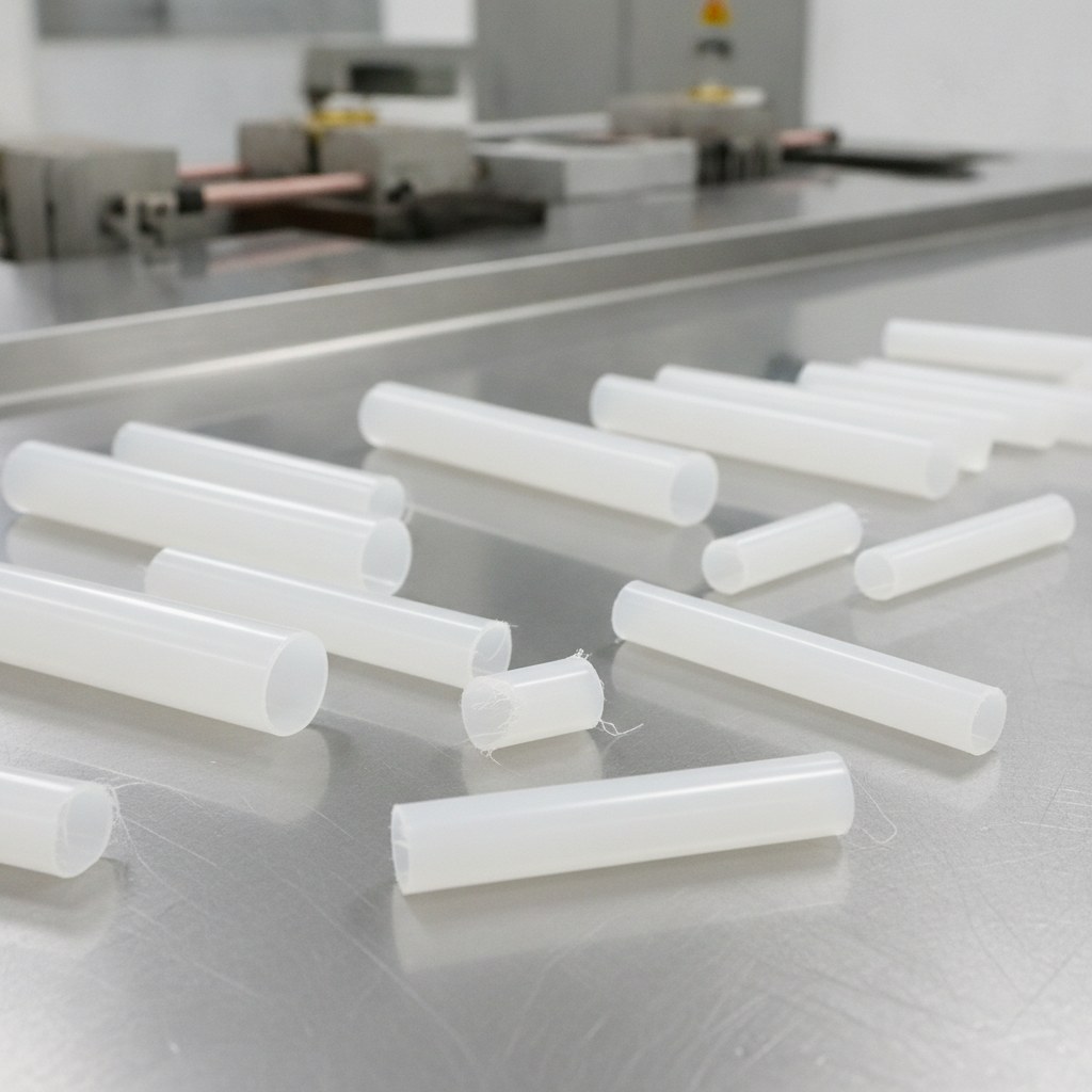 Real industrial website photography of cut to length high temperature PTFE sleeves packed for OEM assembly, no text, no logos, no watermark