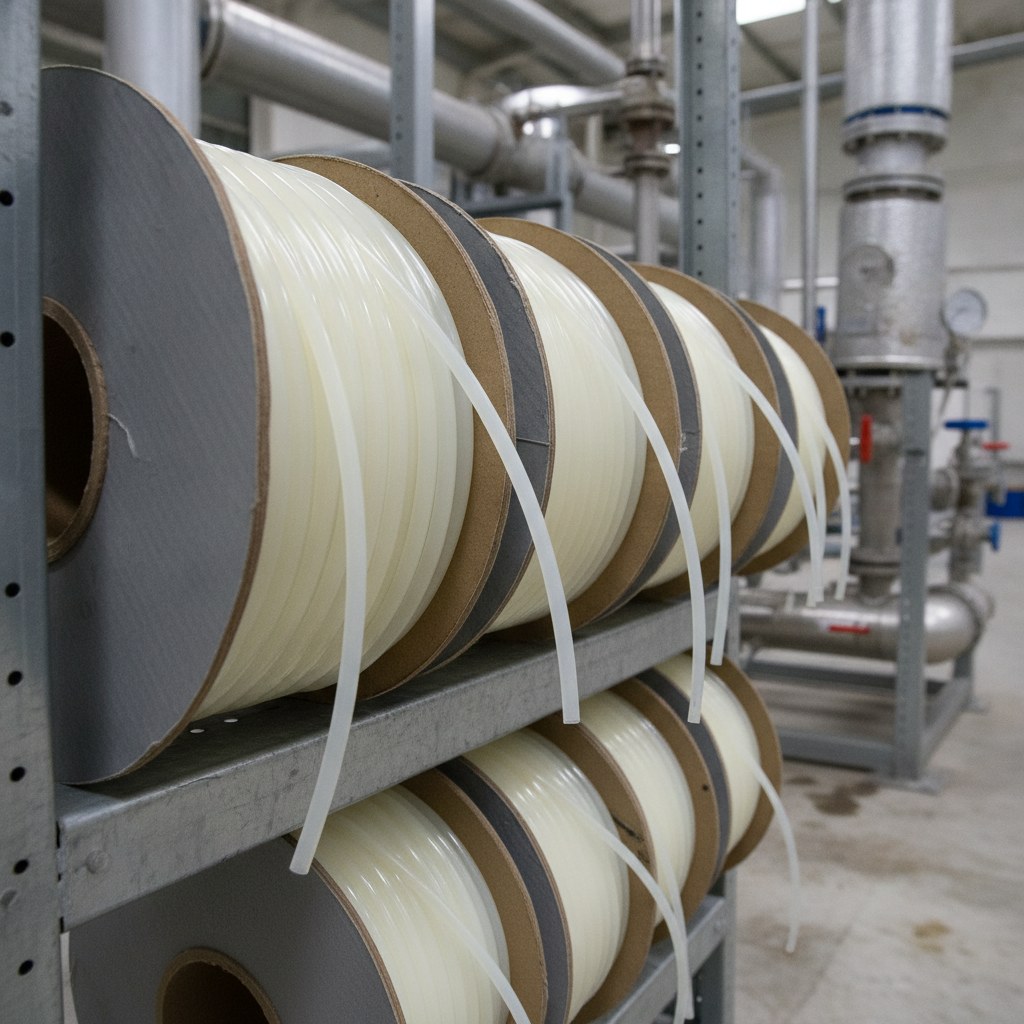 Real industrial website photography of standard high temperature PTFE tubing coils arranged for supply inspection, no text, no logos, no watermark