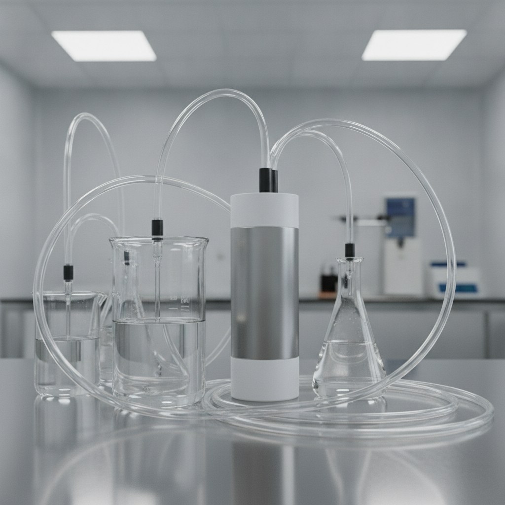 Photorealistic industrial website image for laboratory fep tubing: bench-top fluid handling setup with clear FEP tubing, plain pump body, no displays, no labels, no text, no numbers, no logo, no watermark