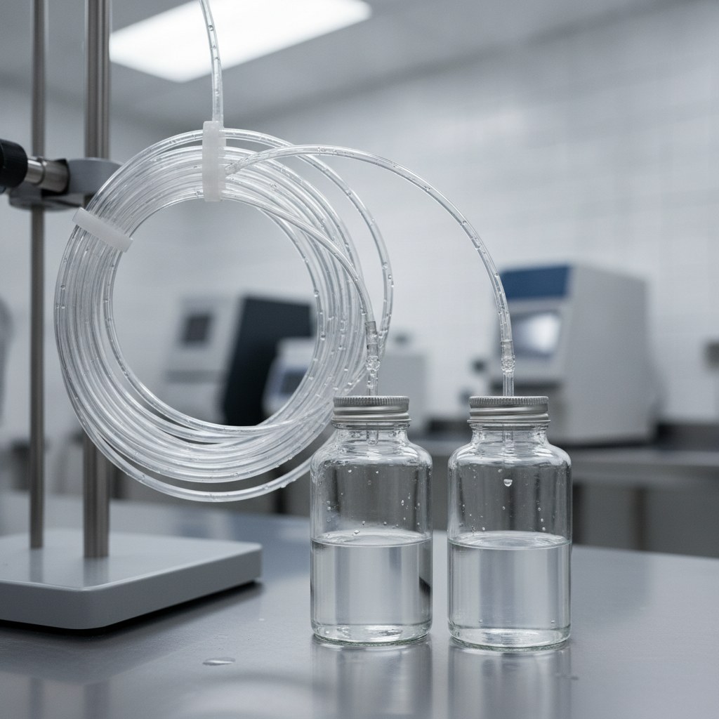 Photorealistic industrial website image for laboratory fep tubing: laboratory sampling setup with transparent FEP tubing and plain sample containers, no labels, no text, no numbers, no logo, no watermark