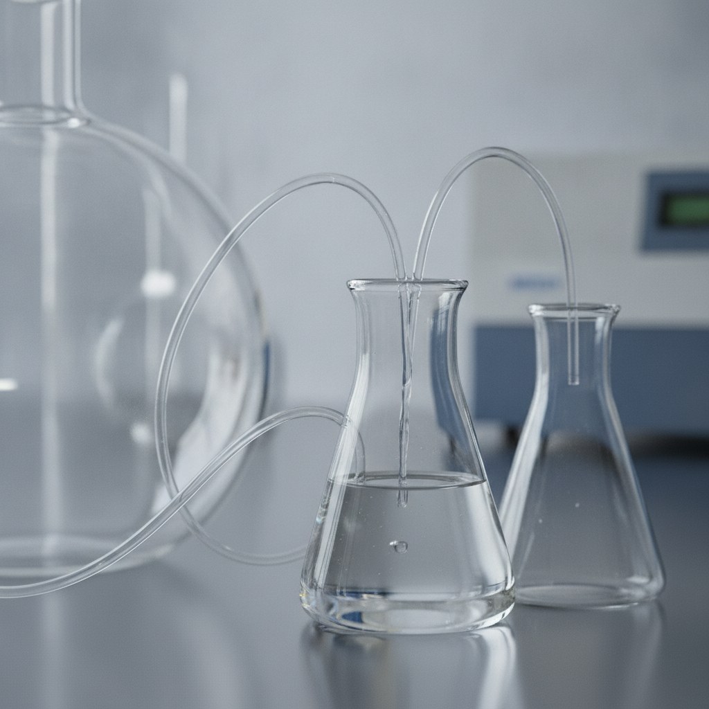 Photorealistic industrial website image for laboratory fep tubing: reagent transfer setup with clear FEP tubing and plain glass vessels, no labels, no text, no numbers, no logo, no watermark