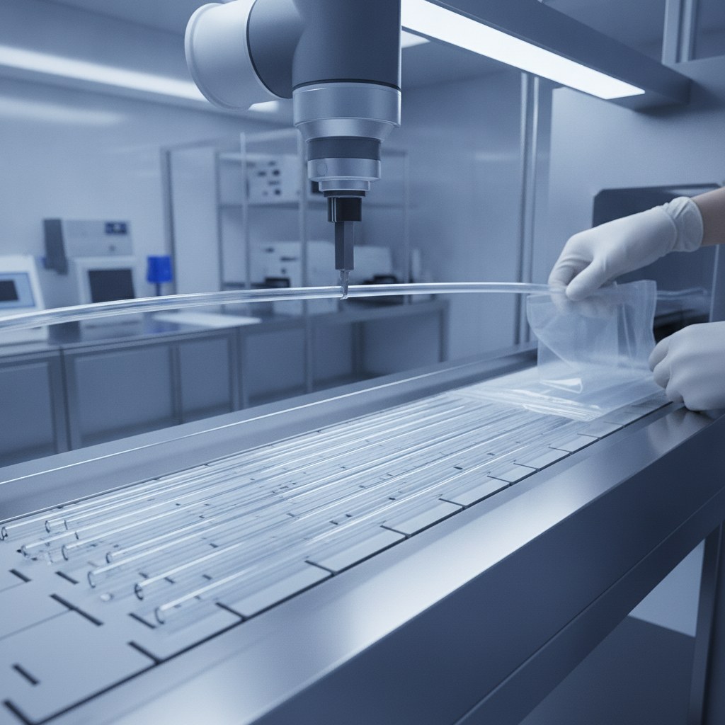 Photorealistic industrial website image for laboratory fep tubing: clean cutting and packing of transparent FEP laboratory tubing without labels or text, no numbers, no logo, no watermark