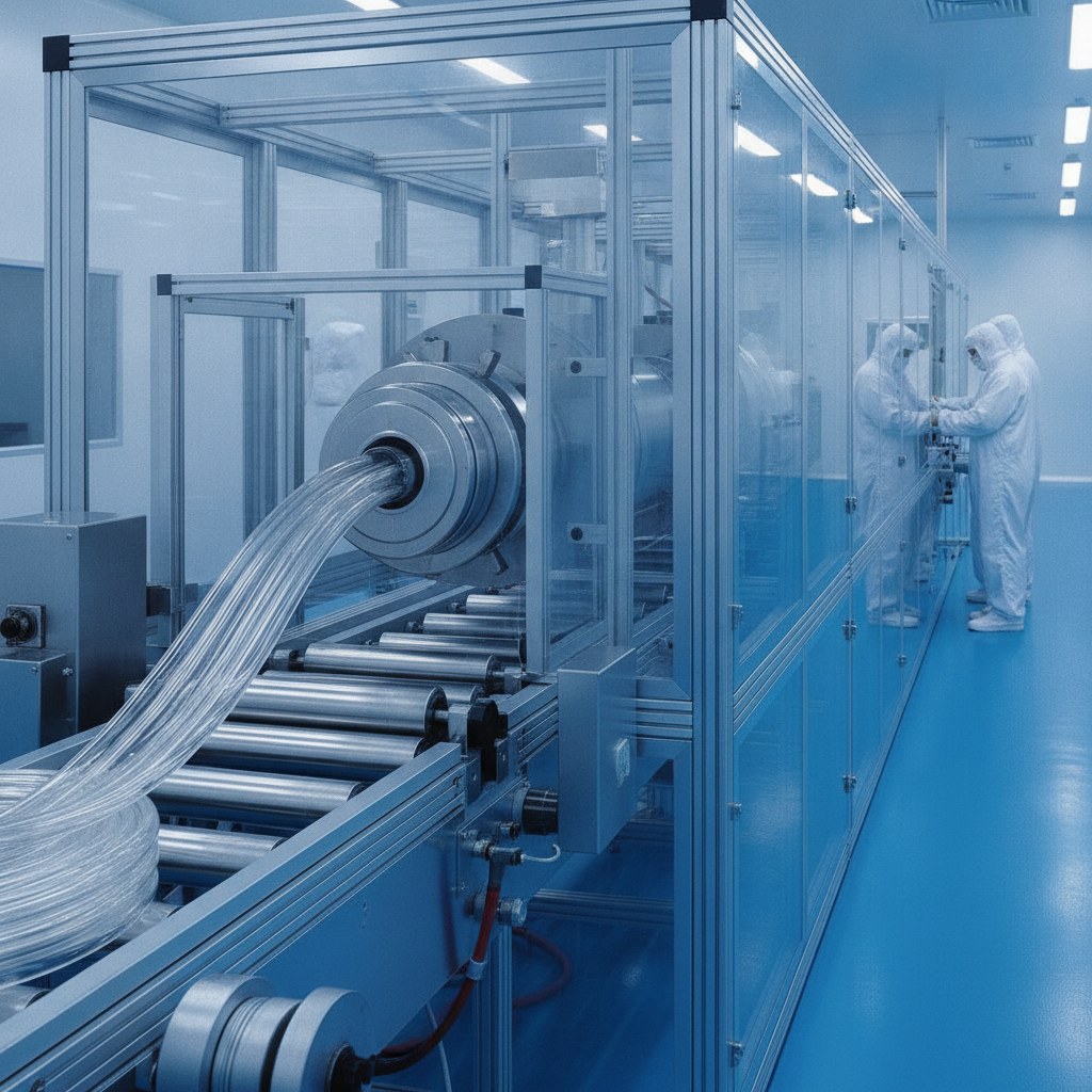 Photorealistic industrial website image for laboratory fep tubing: controlled extrusion of transparent FEP laboratory tubing in a clean production line, no screens, no labels, no text, no numbers, no logo, no watermark