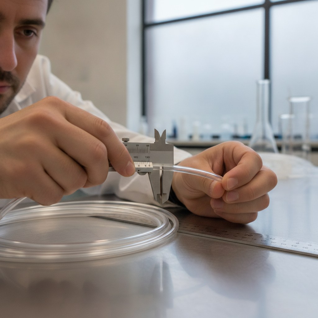 Photorealistic industrial website image for laboratory fep tubing: dimensional and visual check of clear FEP tubing with non-digital measuring tools, no screens, no labels, no text, no numbers, no logo, no watermark