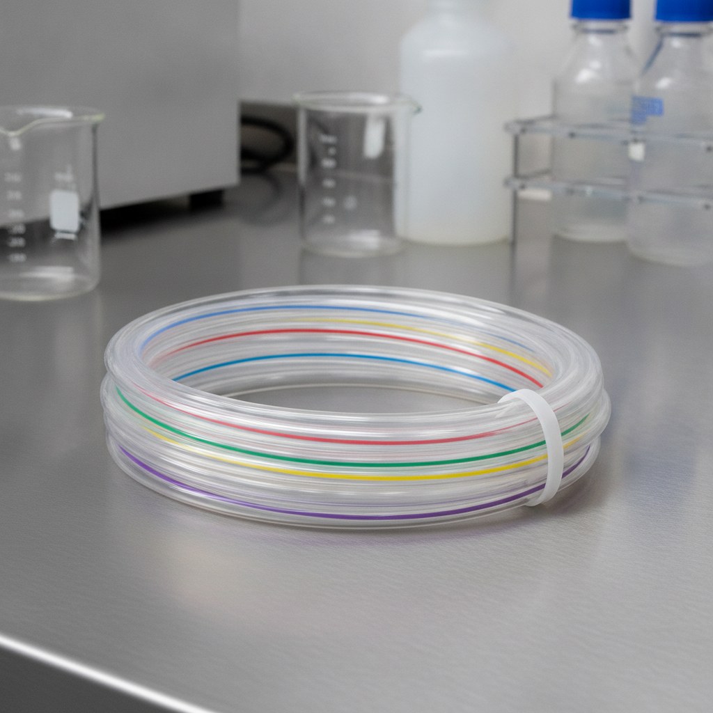 Photorealistic industrial website image for laboratory fep tubing: color-coded FEP laboratory tubing bundle for line identification, no labels, no text, no numbers, no logo, no watermark