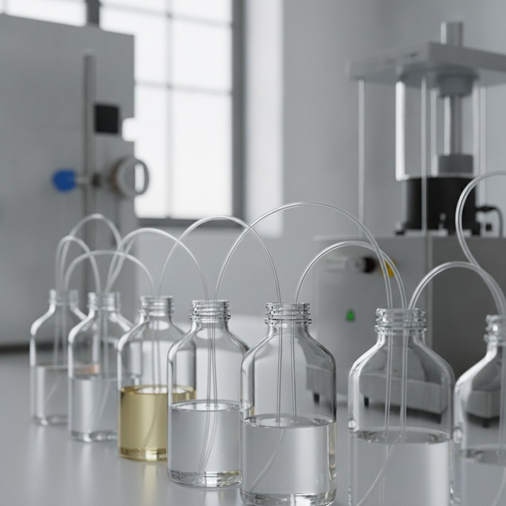 Photorealistic industrial website image for laboratory fep tubing: low-adsorption transparent FEP sample lines connected to plain sample bottles, no labels, no text, no numbers, no logo, no watermark