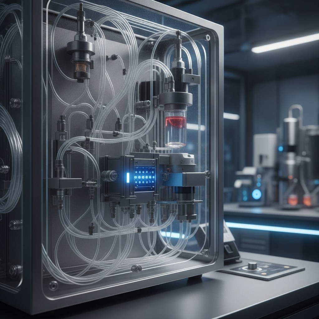 Photorealistic industrial website image for micro PTFE tubing: analytical instrument with micro PTFE tubes, no text, no logo, no watermark