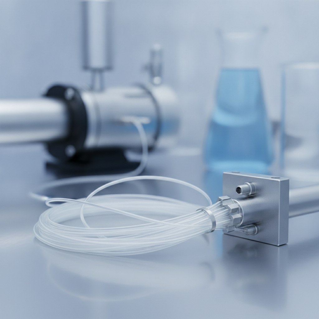 Photorealistic industrial website image for micro PTFE tubing: small PTFE fluid sampling line, no text, no logo, no watermark