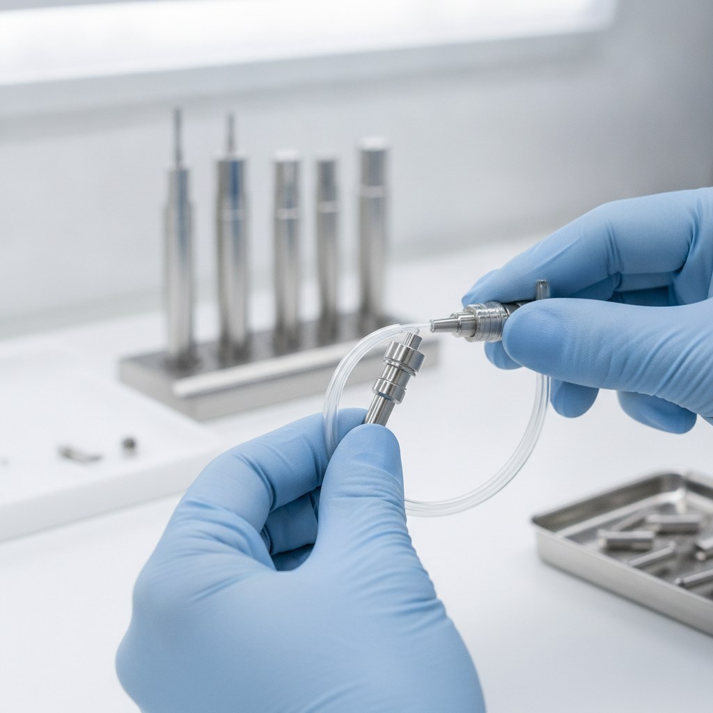 Photorealistic industrial website image for micro PTFE tubing: clean medical device assembly with micro PTFE tube, no text, no logo, no watermark