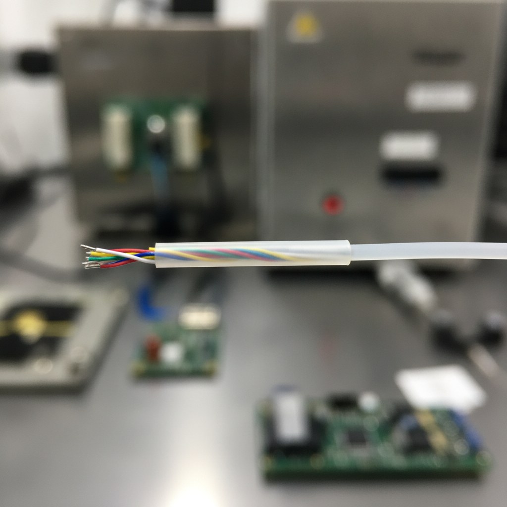 Photorealistic industrial website image for micro PTFE tubing: micro PTFE insulation sleeve around sensor wire, no text, no logo, no watermark