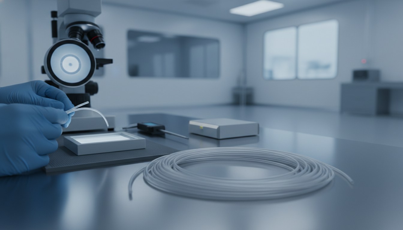 Photorealistic industrial website image for micro PTFE tubing: small bore white PTFE tubes in clean precision inspection scene, no text, no logo, no watermark