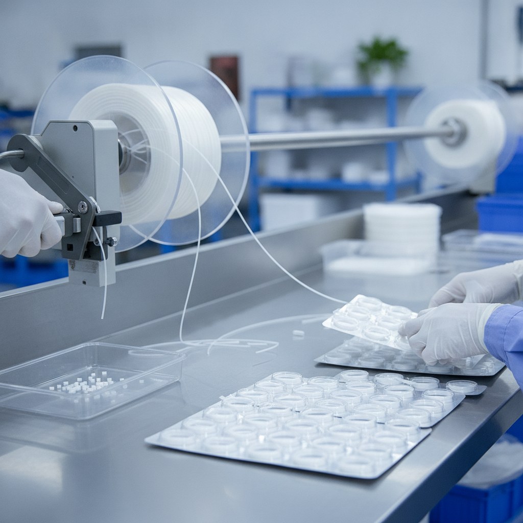 Photorealistic industrial website image for micro PTFE tubing: cutting and packing micro PTFE tube coils and small cut pieces, no text, no logo, no watermark