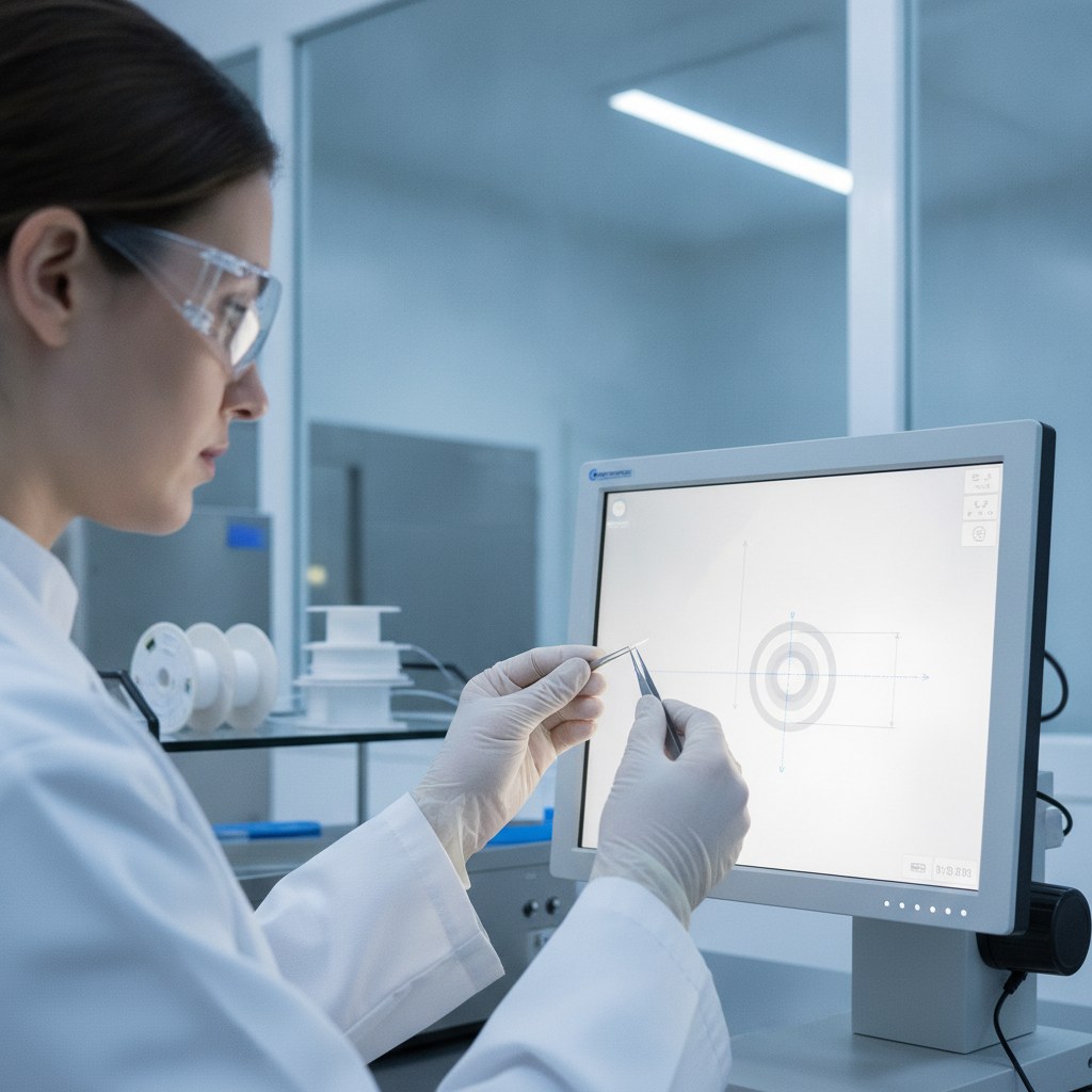 Photorealistic industrial website image for micro PTFE tubing: inspection of micro PTFE tube dimensions, no text, no logo, no watermark