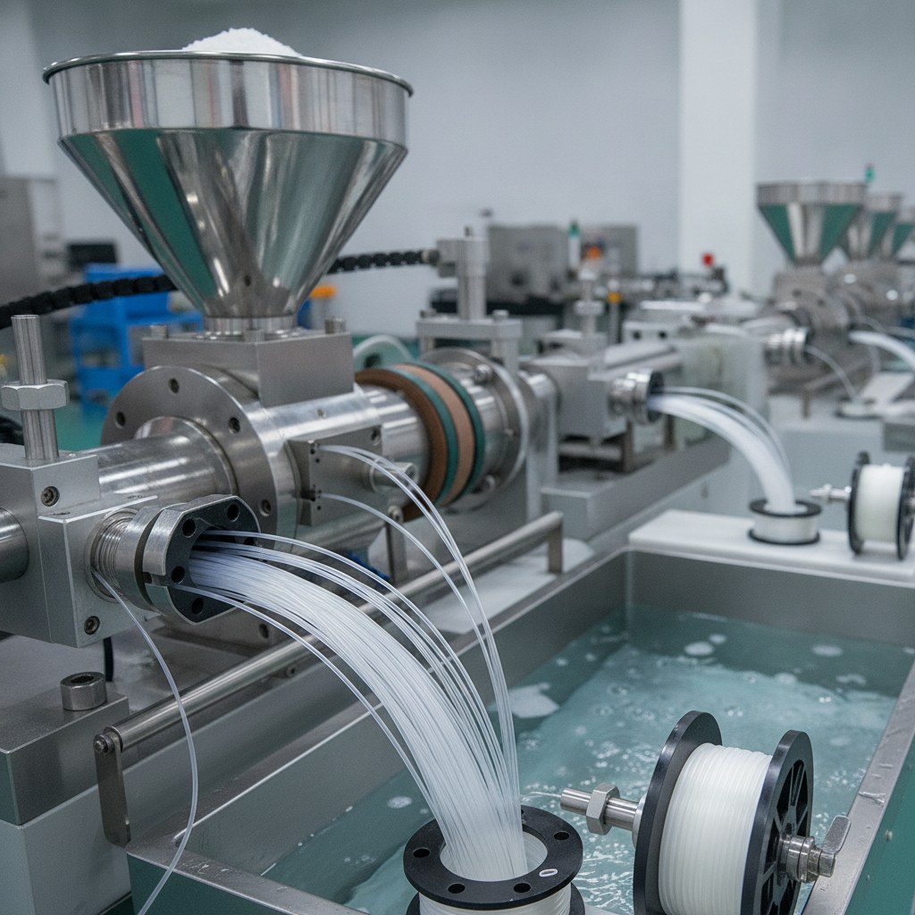 Photorealistic industrial website image for micro PTFE tubing: micro PTFE tube extrusion setup, no text, no logo, no watermark