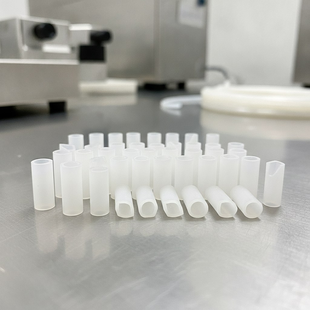 Photorealistic industrial website image for micro PTFE tubing: cut-to-length micro PTFE tube pieces, no text, no logo, no watermark