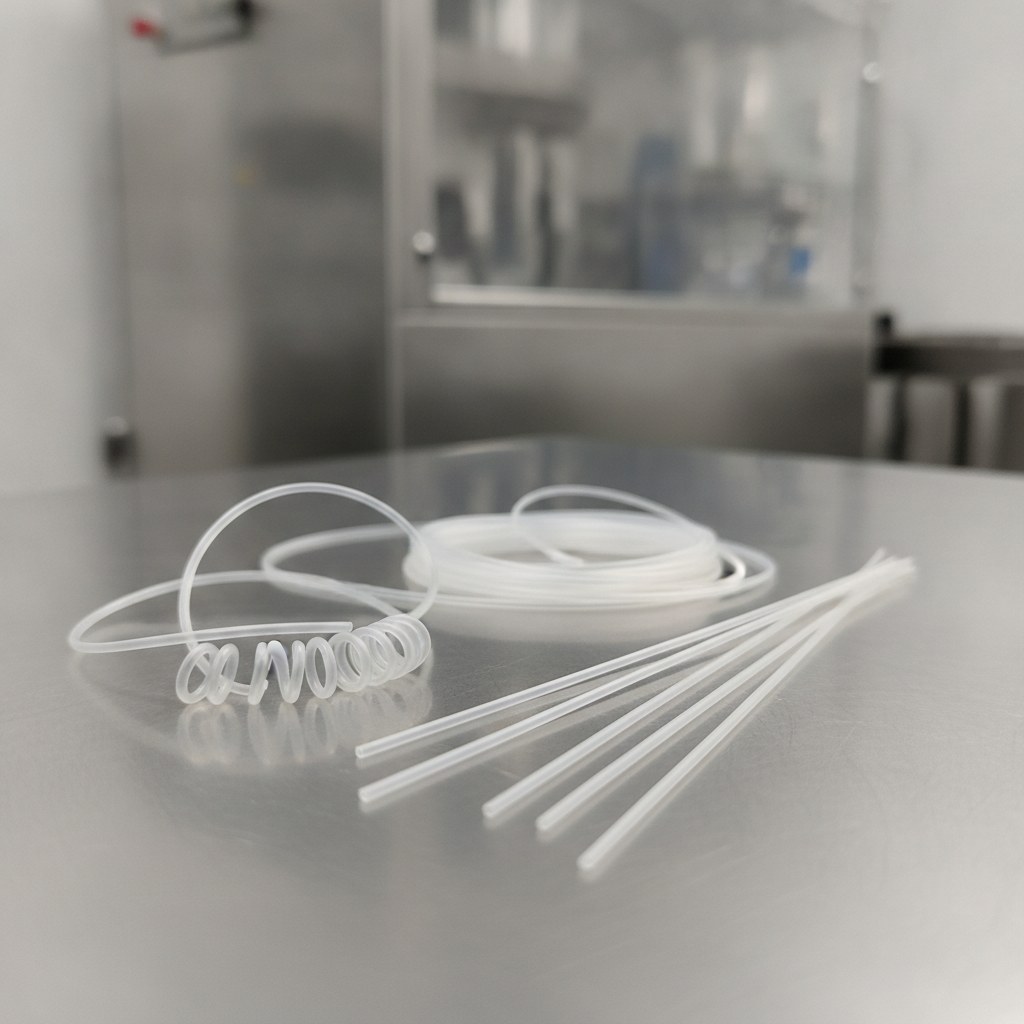 Photorealistic industrial website image for micro PTFE tubing: micro bore PTFE tube samples, no text, no logo, no watermark