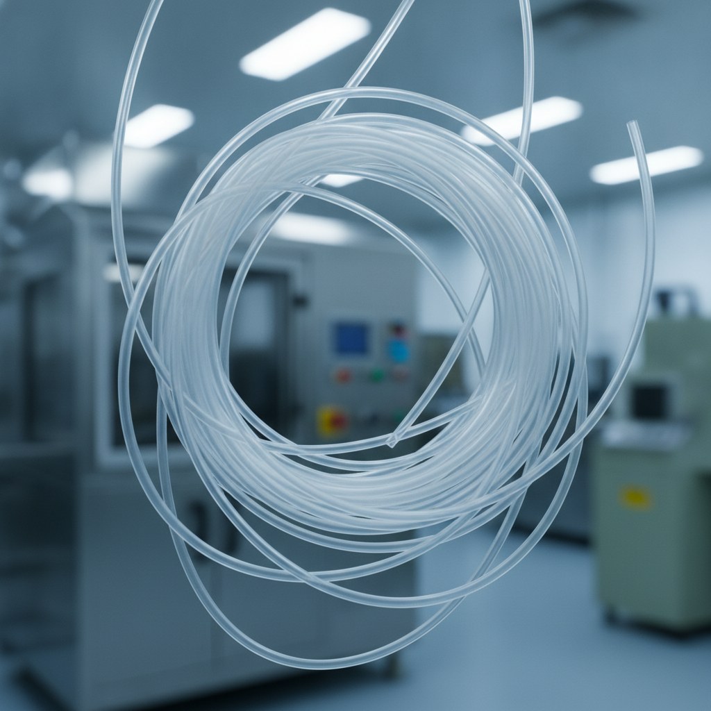 Photorealistic industrial website image for micro PTFE tubing: thin wall micro PTFE tubes, no text, no logo, no watermark