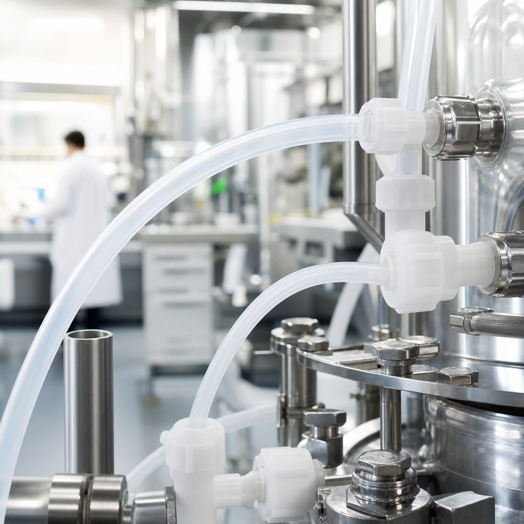 Photorealistic industrial website image for pfa tubing: Chemical duty Aggressive media resistance, clean product or application scene, no text, no logo, no watermark