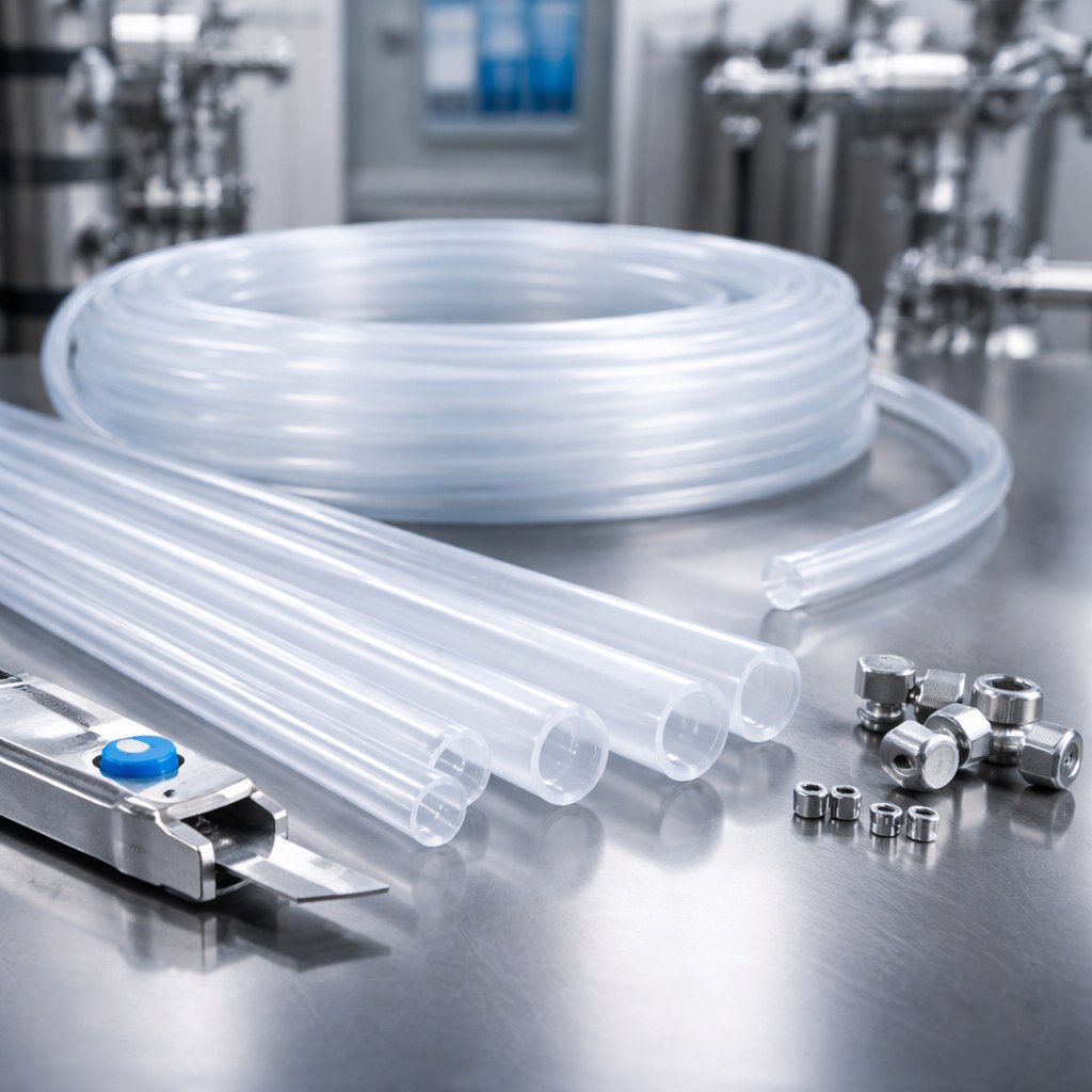 Photorealistic industrial website image for pfa tubing: Cut-to-Length PFA Tubing, clean product or application scene, no text, no logo, no watermark