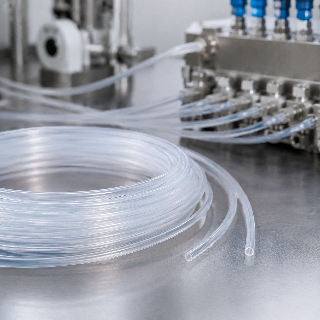 Photorealistic industrial website image for pfa tubing: Thin Wall PFA Tubing, clean product or application scene, no text, no logo, no watermark