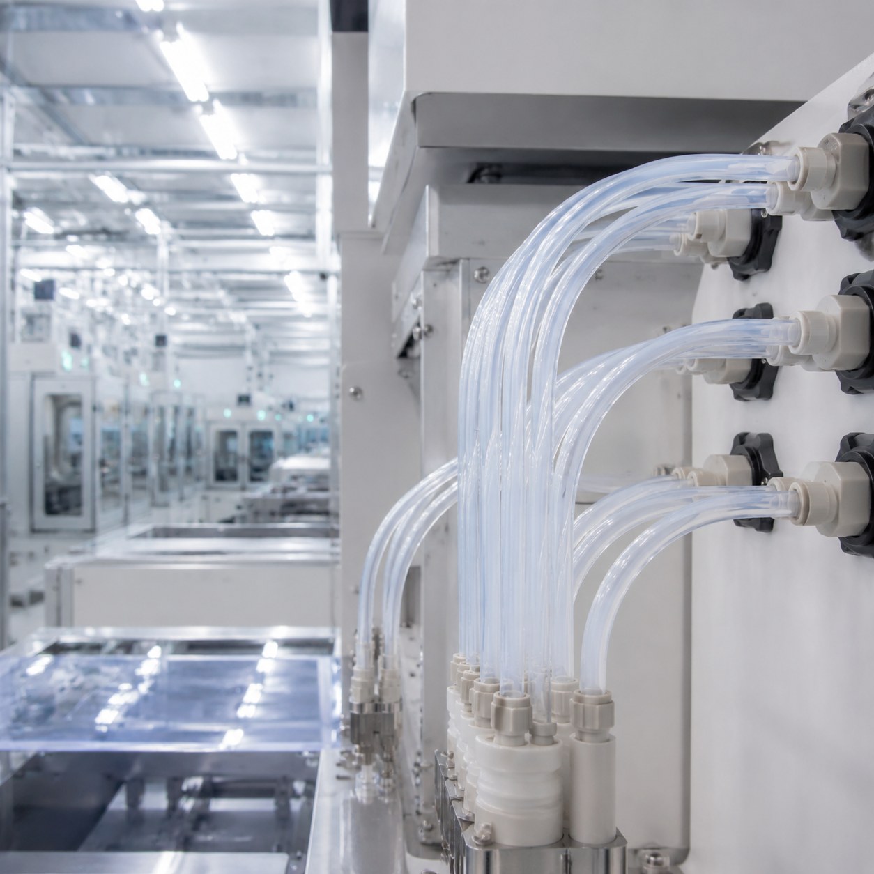 Photorealistic industrial website image for pfa tubing: Wet Process and Chemical Delivery, clean product or application scene, no text, no logo, no watermark