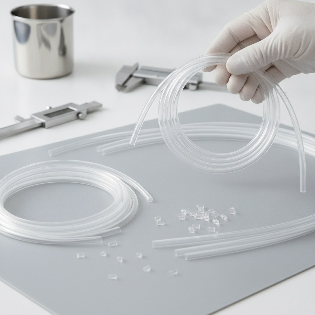 Photorealistic industrial website image for pfa tubing: clean PFA resin and transparent tubing samples reviewed on an engineering bench, no documents, no text, no logo, no watermark