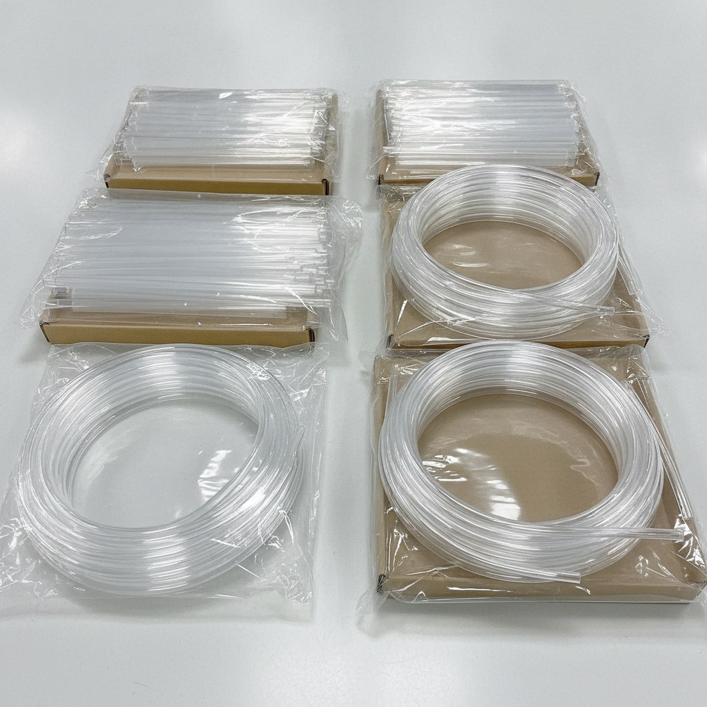 Photorealistic industrial website image for pfa tubing: cut to length transparent PFA tube segments and coils in plain unmarked clean packaging, no labels, no papers, no text, no logo, no watermark
