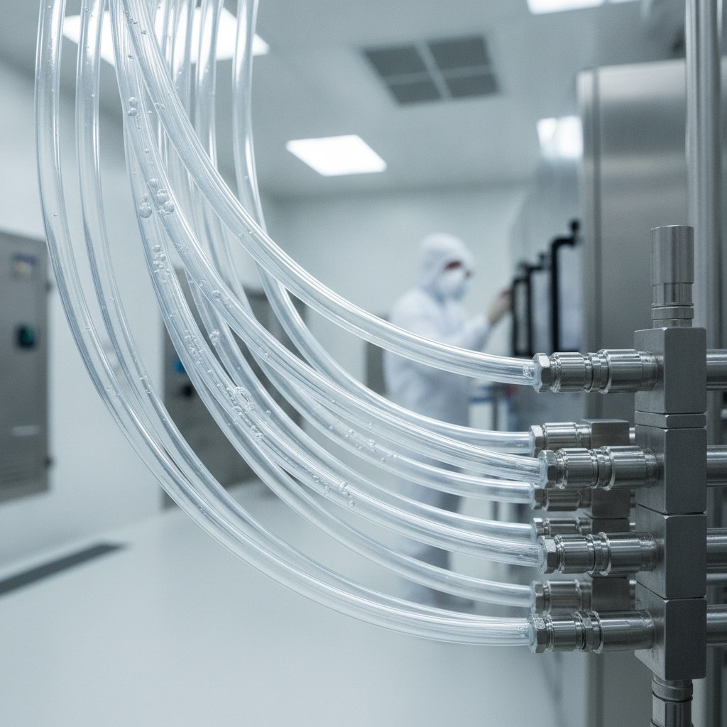 Photorealistic industrial website image for pfa tubing: high purity transparent PFA tubing in a cleanroom fluid handling scene, no labels, no text, no logo, no watermark