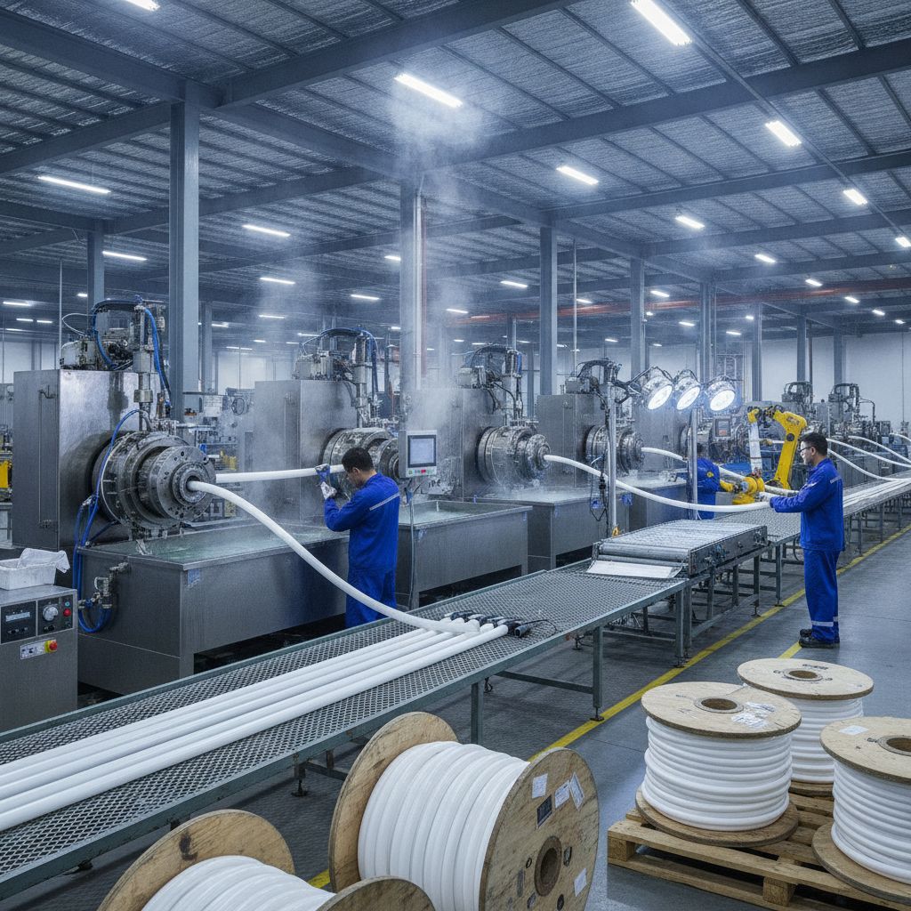 Real industrial website photography of PTFE tubing extrusion and quality inspection in a clean workshop, no text, no logos, no watermark