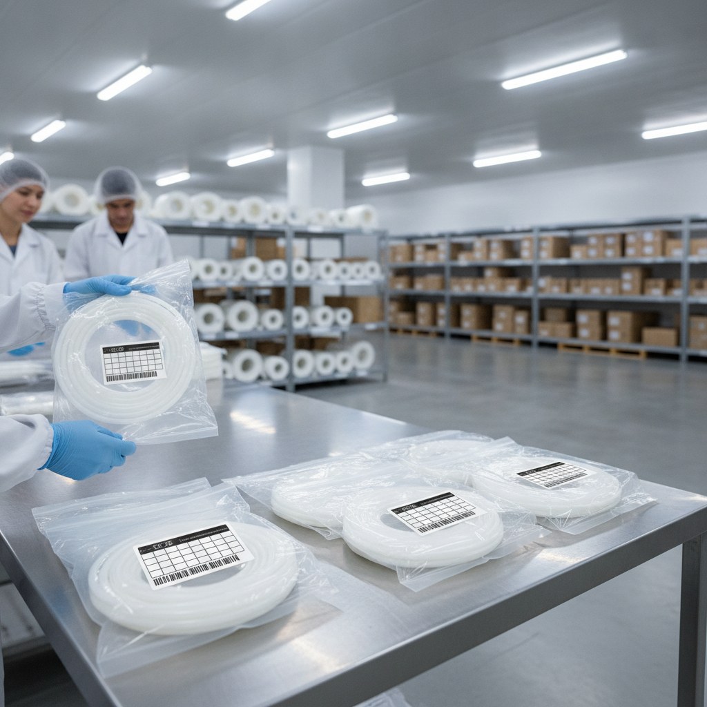 Real industrial website photography of packing and batch records for chemical resistant PTFE tubing orders, no text, no logos, no watermark