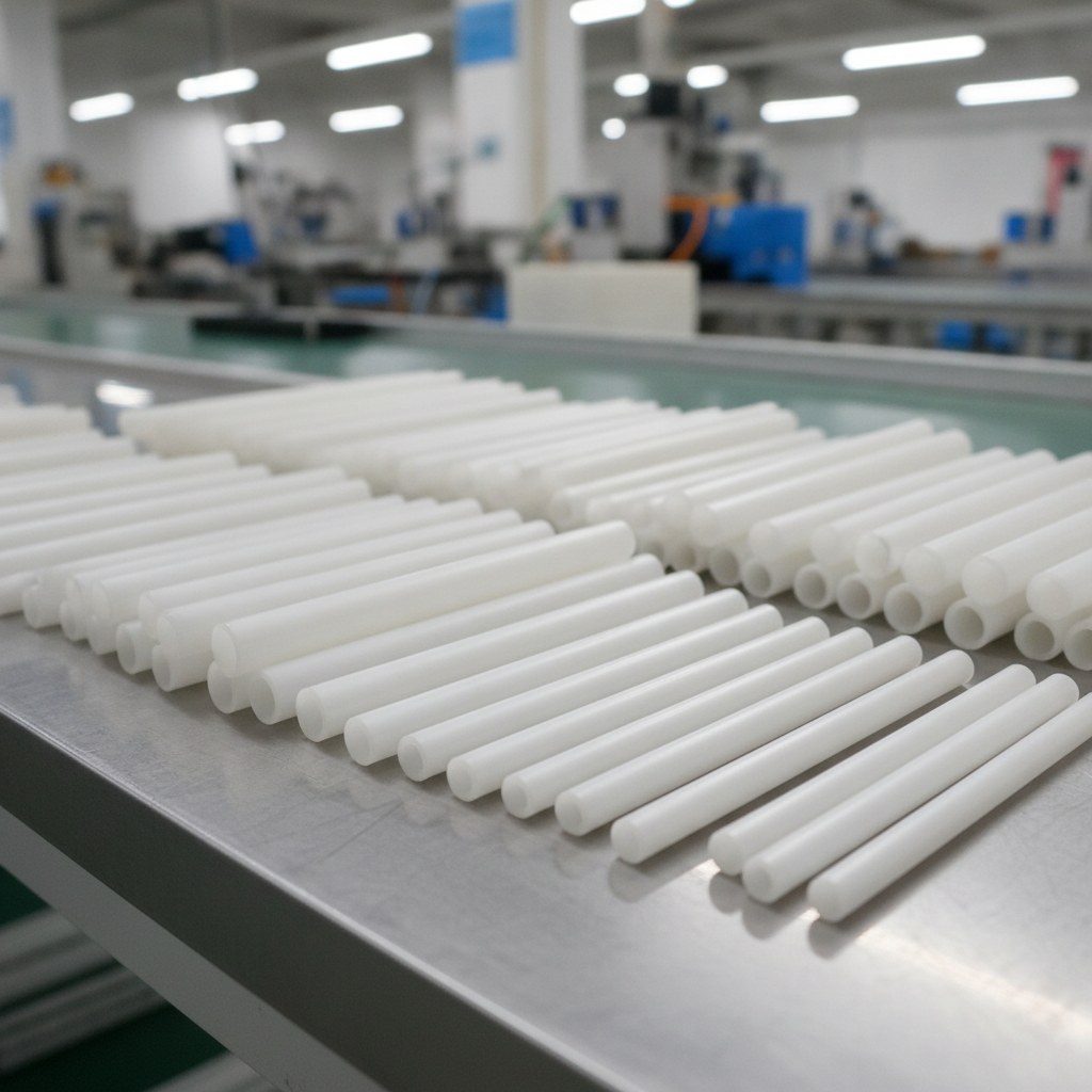Real industrial website photography of cut to length chemical resistant PTFE sleeves packed for OEM assembly, no text, no logos, no watermark