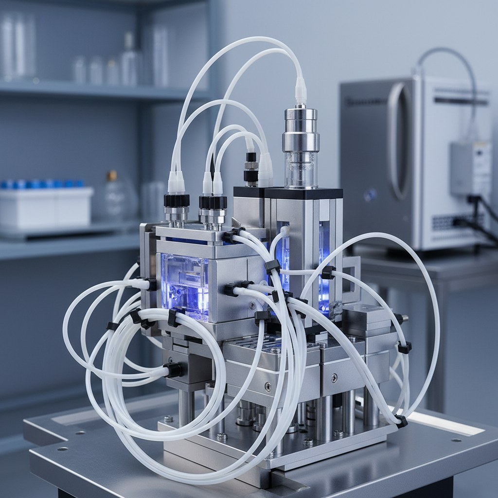 Photorealistic industrial website image for PTFE capillary tubing: analytical instrument with small PTFE tubes, no text, no logo, no watermark