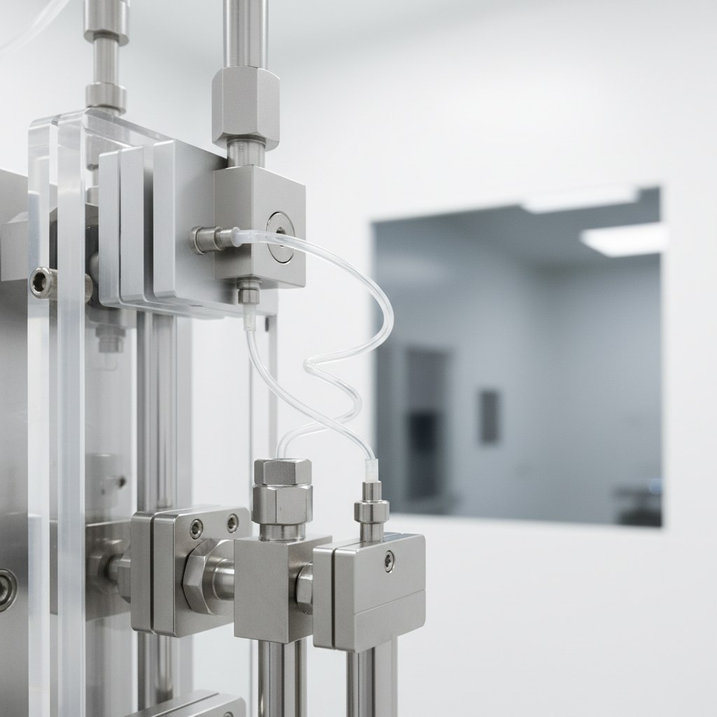 Photorealistic industrial website image for PTFE capillary tubing: small PTFE fluid sampling line in clean equipment, no text, no logo, no watermark
