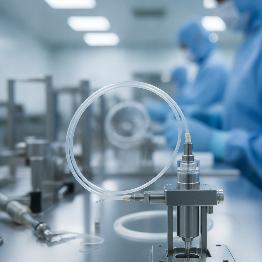 Photorealistic industrial website image for PTFE capillary tubing: clean medical device assembly with capillary PTFE tube, no text, no logo, no watermark