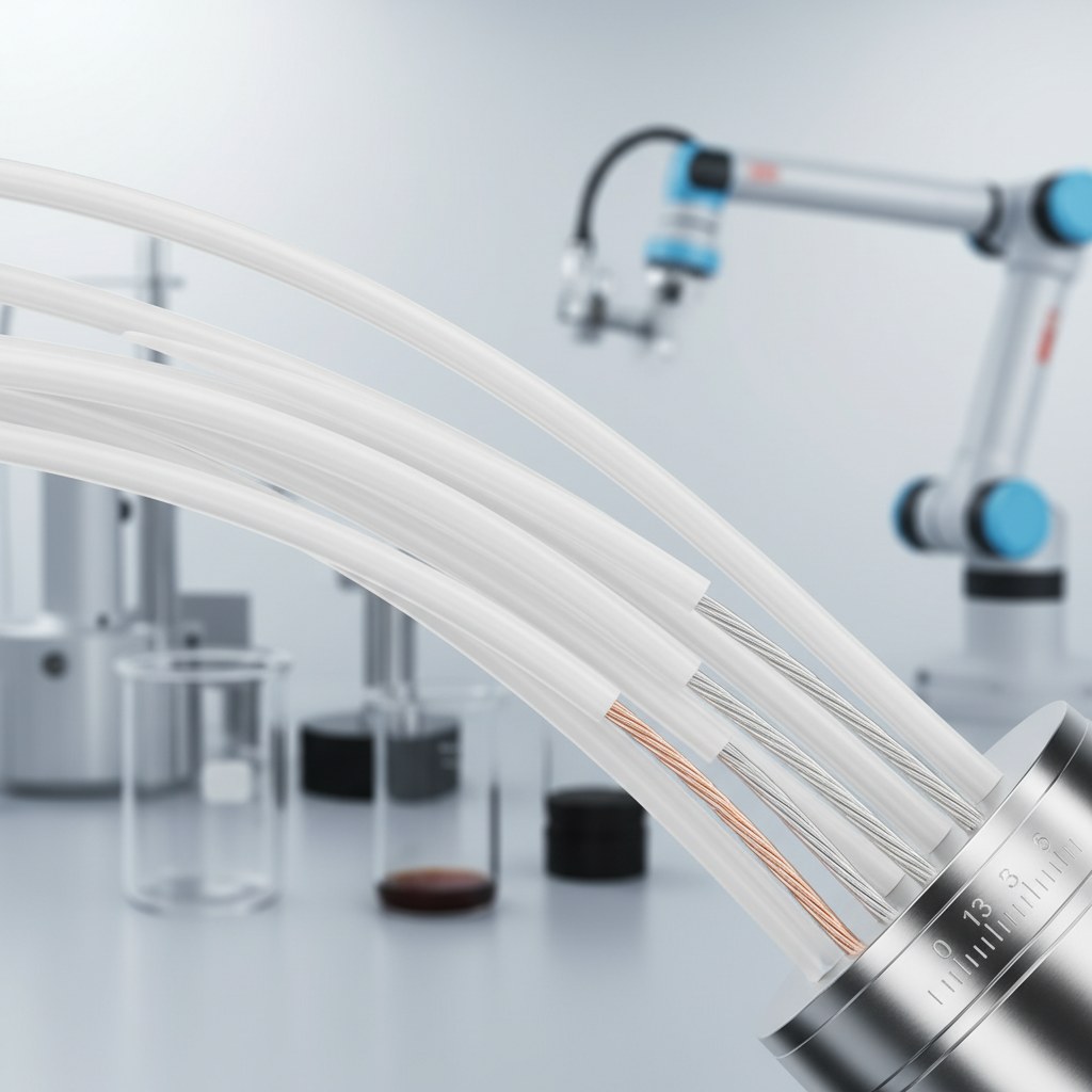 Photorealistic industrial website image for PTFE capillary tubing: small PTFE insulation sleeve around sensor wire, no text, no logo, no watermark