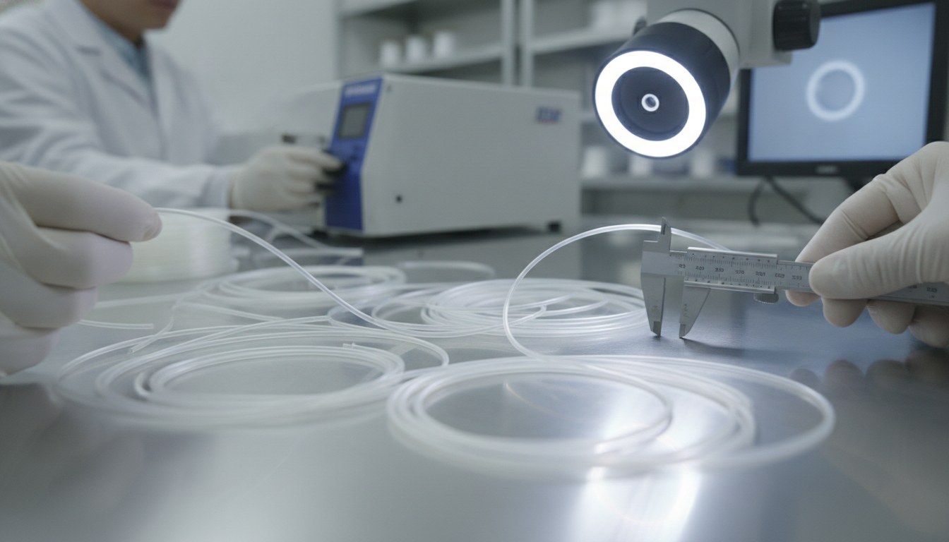 Photorealistic industrial website image for PTFE capillary tubing: small bore white PTFE tubes in clean precision inspection scene, no text, no logo, no watermark