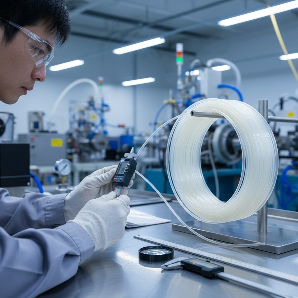 Photorealistic industrial website image for PTFE capillary tubing: inspection of capillary PTFE tube dimensions, no text, no logo, no watermark