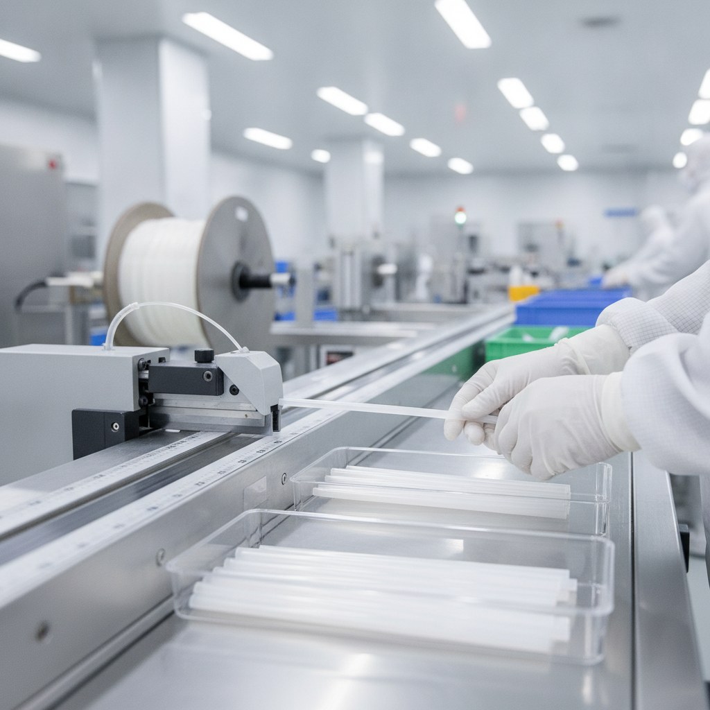 Photorealistic industrial website image for PTFE capillary tubing: clean cutting and packing of PTFE capillary tube pieces, no text, no logo, no watermark